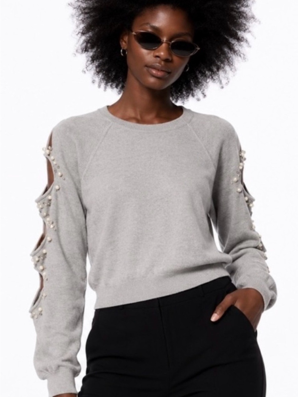 Zara Pearl-Embellished Cold-Shoulder Sweater - Gray